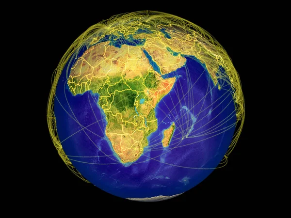 East Africa from space on Earth with country borders and lines representing international communication, travel, connections. 3D illustration. Elements of this image furnished by NASA.