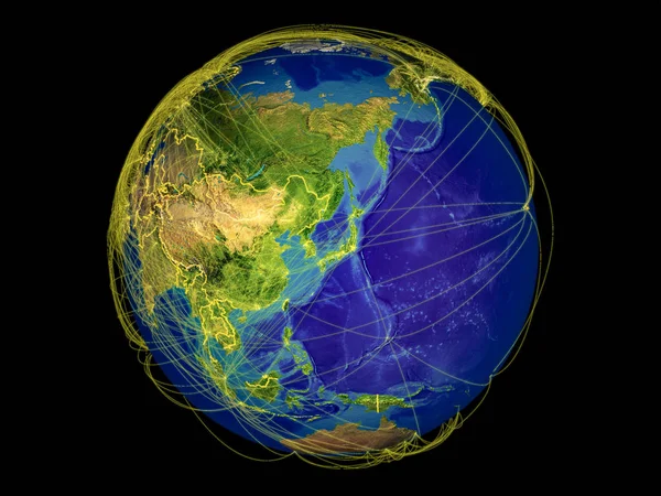 日本和韩国从地球上的太空与国家边界和代表国际通信 连接的线路 美国宇航局提供的这张图片的元素 — 图库照片