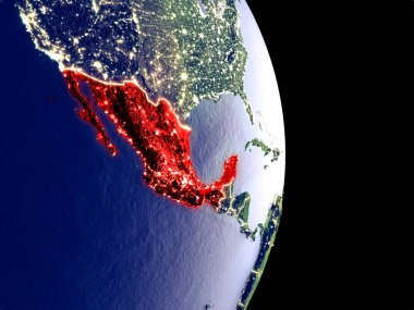 Meksika'nın uydu görüntüsü görünür parlak şehir ışıkları ile gece. Son derece ince detay plastik gezegen yüzeyinin. 3D çizim. Nasa tarafından döşenmiş bu görüntü unsurları.