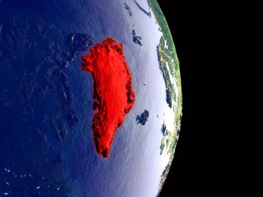 Uydu görüntüsü görünür parlak şehir ışıkları ile gece Grönland. Son derece ince detay plastik gezegen yüzeyinin. 3D çizim. Nasa tarafından döşenmiş bu görüntü unsurları.