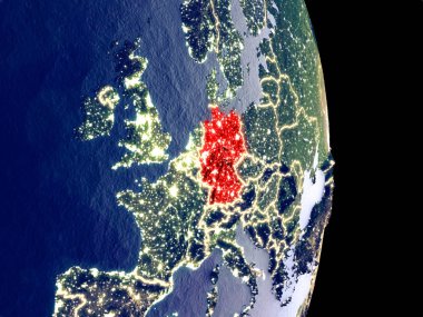 Almanya'nın uydu görüntüsü görünür parlak şehir ışıkları ile gece. Son derece ince detay plastik gezegen yüzeyinin. 3D çizim. Nasa tarafından döşenmiş bu görüntü unsurları.