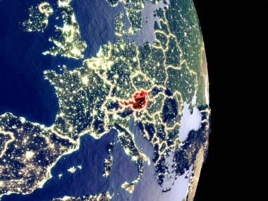 Avusturya uydu görünümünü görünür parlak şehir ışıkları ile gece. Son derece ince detay plastik gezegen yüzeyinin. 3D çizim. Nasa tarafından döşenmiş bu görüntü unsurları.