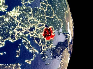 Romanya uydu görünümünü görünür parlak şehir ışıkları ile gece. Son derece ince detay plastik gezegen yüzeyinin. 3D çizim. Nasa tarafından döşenmiş bu görüntü unsurları.