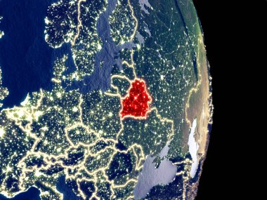 Beyaz Rusya'nın uydu görüntüsü görünür parlak şehir ışıkları ile gece. Son derece ince detay plastik gezegen yüzeyinin. 3D çizim. Nasa tarafından döşenmiş bu görüntü unsurları.