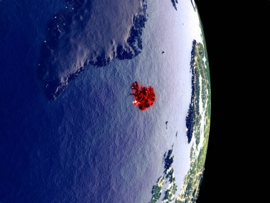 İzlanda'daki uydu görüntüsü görünür parlak şehir ışıkları ile gece. Son derece ince detay plastik gezegen yüzeyinin. 3D çizim. Nasa tarafından döşenmiş bu görüntü unsurları.