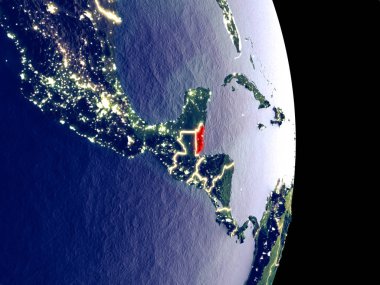 Uydu görüntüsü görünür parlak şehir ışıkları ile gece Belize. Son derece ince detay plastik gezegen yüzeyinin. 3D çizim. Nasa tarafından döşenmiş bu görüntü unsurları.