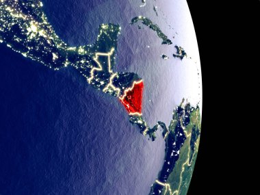 Uydu görüntüsü görünür parlak şehir ışıkları ile gece Nikaragua. Son derece ince detay plastik gezegen yüzeyinin. 3D çizim. Nasa tarafından döşenmiş bu görüntü unsurları.