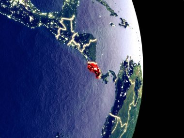 Uydu görüntüsü görünür parlak şehir ışıkları ile gece Kosta Rika. Son derece ince detay plastik gezegen yüzeyinin. 3D çizim. Nasa tarafından döşenmiş bu görüntü unsurları.