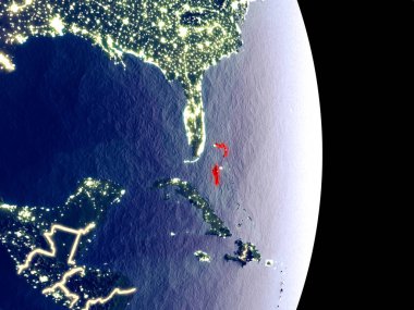 Bahamalar uydu görünümünü görünür parlak şehir ışıkları ile gece. Son derece ince detay plastik gezegen yüzeyinin. 3D çizim. Nasa tarafından döşenmiş bu görüntü unsurları.