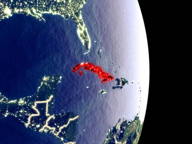 Küba'nın uydu görüntüsü görünür parlak şehir ışıkları ile gece. Son derece ince detay plastik gezegen yüzeyinin. 3D çizim. Nasa tarafından döşenmiş bu görüntü unsurları.