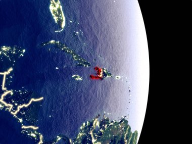 Uydu görüntüsü görünür parlak şehir ışıkları ile gece Haiti. Son derece ince detay plastik gezegen yüzeyinin. 3D çizim. Nasa tarafından döşenmiş bu görüntü unsurları.