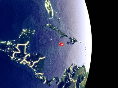 Uydu görüntüsü görünür parlak şehir ışıkları ile gece Jamaika. Son derece ince detay plastik gezegen yüzeyinin. 3D çizim. Nasa tarafından döşenmiş bu görüntü unsurları.