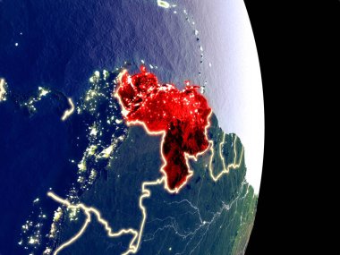 Venezuela uydu görünümünü görünür parlak şehir ışıkları ile gece. Son derece ince detay plastik gezegen yüzeyinin. 3D çizim. Nasa tarafından döşenmiş bu görüntü unsurları.