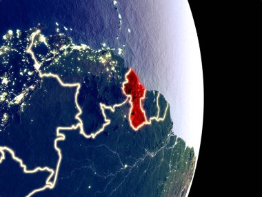Guyana uydu görünümünü görünür parlak şehir ışıkları ile gece. Son derece ince detay plastik gezegen yüzeyinin. 3D çizim. Nasa tarafından döşenmiş bu görüntü unsurları.