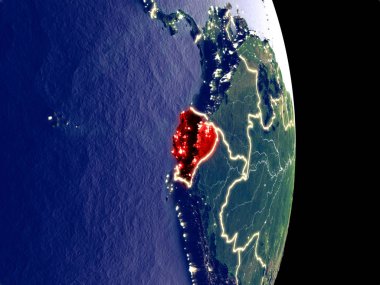 Uydu görüntüsü görünür parlak şehir ışıkları ile gece Ekvador. Son derece ince detay plastik gezegen yüzeyinin. 3D çizim. Nasa tarafından döşenmiş bu görüntü unsurları.