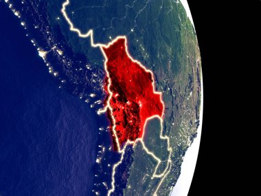 Bolivya'nın uydu görüntüsü görünür parlak şehir ışıkları ile gece. Son derece ince detay plastik gezegen yüzeyinin. 3D çizim. Nasa tarafından döşenmiş bu görüntü unsurları.