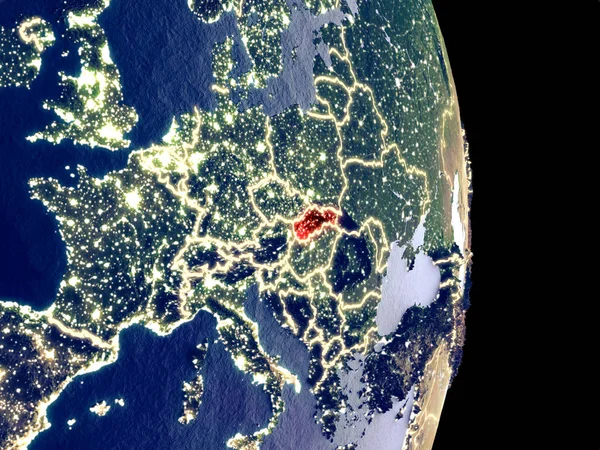 Спутниковый Вид Словакии Ночью Видимыми Яркими Городскими Огнями Чрезвычайно Мелкие — стоковое фото