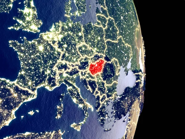 Macaristan Uydu Görüntüsü Görünür Parlak Şehir Işıkları Ile Gece Son — Stok fotoğraf