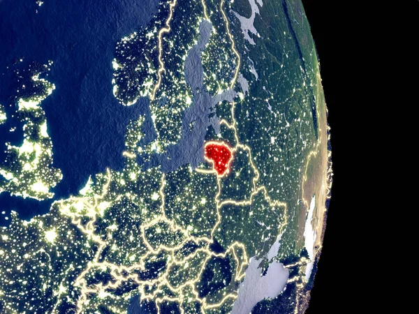 Спутниковый Вид Литвы Ночью Видимыми Яркими Городскими Огнями Чрезвычайно Мелкие — стоковое фото