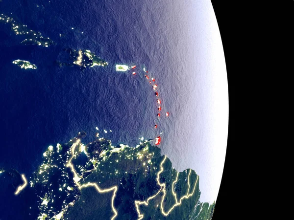 Pemandangan Satelit Karibia Malam Hari Dengan Cahaya Kota Yang Terang — Stok Foto