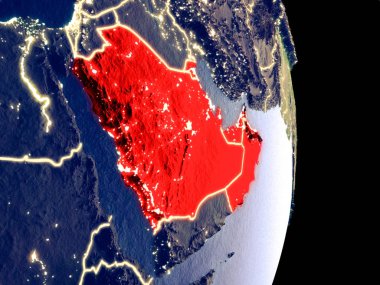 Görünür parlak şehir ışıkları ile gece Ccasg ülkelerin uydu görüntüsü. Son derece ince detay plastik gezegen yüzeyinin. 3D çizim. Nasa tarafından döşenmiş bu görüntü unsurları.