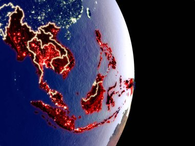 Asean ülkeleri görünen parlak şehir ışıkları ile gece uydu görünümü. Son derece ince detay plastik gezegen yüzeyinin. 3D çizim. Nasa tarafından döşenmiş bu görüntü unsurları.