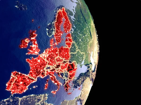 Satellite view of European Union at night with visible bright city lights. Extremely fine detail of the plastic planet surface. 3D illustration. Elements of this image furnished by NASA.