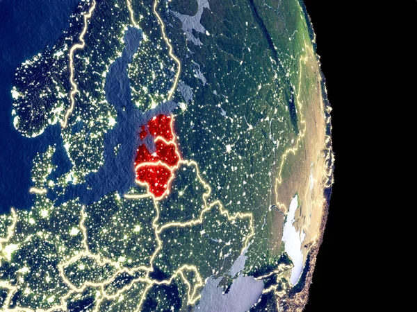 Спутниковый Вид Страны Балтии Ночью Видимыми Яркими Городскими Огнями Чрезвычайно — стоковое фото
