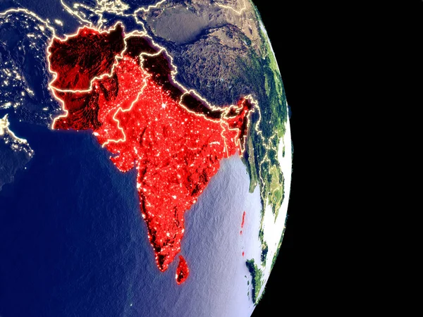 目に見える明るい街の明かりで夜の Saarc 加盟国の衛星ビュー プラスチックの惑星の表面の非常に細かい イラスト Nasa から提供されたこのイメージの要素 — ストック写真