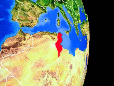 Tunus gerçekçi bir model ülke sınırları ve çok detaylı gezegenin yüzeyi ile dünya gezegeni üzerinde. 3D çizim. Nasa tarafından döşenmiş bu görüntü unsurları.