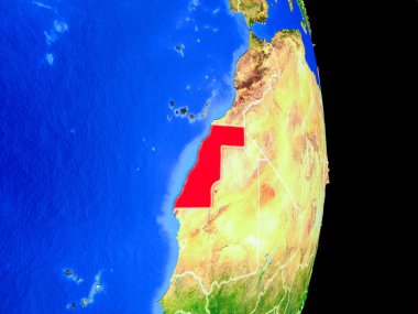 Batı Sahra gerçekçi bir model ülke sınırları ve çok detaylı gezegenin yüzeyi ile dünya gezegeni üzerinde. 3D çizim. Nasa tarafından döşenmiş bu görüntü unsurları.