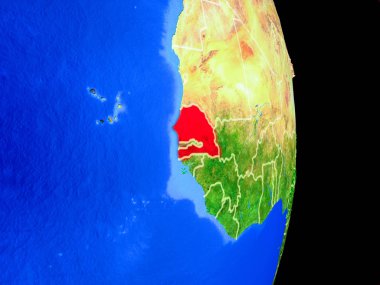 Senegal gerçekçi bir model ülke sınırları ve çok detaylı gezegenin yüzeyi ile dünya gezegeni üzerinde. 3D çizim. Nasa tarafından döşenmiş bu görüntü unsurları.