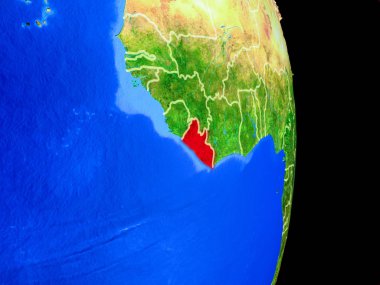 Liberya gerçekçi bir model ülke sınırları ve çok detaylı gezegenin yüzeyi ile dünya gezegeni üzerinde. 3D çizim. Nasa tarafından döşenmiş bu görüntü unsurları.