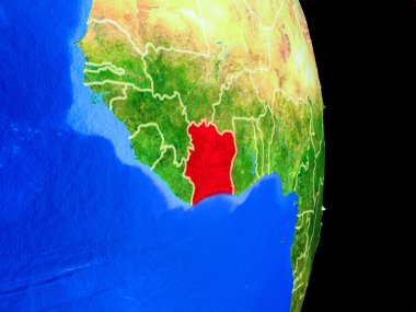 Fildişi Sahili gerçekçi bir model ülke sınırları ve çok detaylı gezegenin yüzeyi ile dünya gezegeni üzerinde. 3D çizim. Nasa tarafından döşenmiş bu görüntü unsurları.