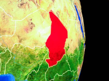 Chad gerçekçi bir model ülke sınırları ve çok detaylı gezegenin yüzeyi ile dünya gezegeni üzerinde. 3D çizim. Nasa tarafından döşenmiş bu görüntü unsurları.