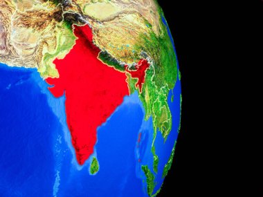 Hindistan ülke sınırları ve çok detaylı gezegenin yüzeyi ile Dünya gezegeninin gerçekçi model üzerinde. 3D çizim. Nasa tarafından döşenmiş bu görüntü unsurları.