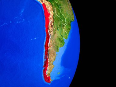 Şili gerçekçi bir model ülke sınırları ve çok detaylı gezegenin yüzeyi ile dünya gezegeni üzerinde. 3D çizim. Nasa tarafından döşenmiş bu görüntü unsurları.