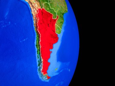 Arjantin gerçekçi bir model ülke sınırları ve çok detaylı gezegenin yüzeyi ile dünya gezegeni üzerinde. 3D çizim. Nasa tarafından döşenmiş bu görüntü unsurları.