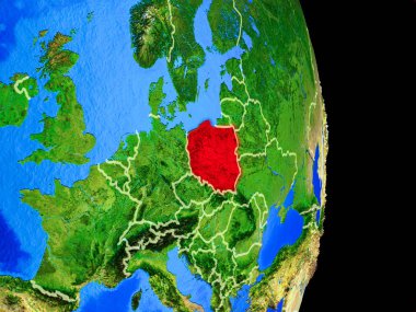 Polonya ülke sınırları ve çok detaylı gezegenin yüzeyi ile Dünya gezegeninin gerçekçi model üzerinde. 3D çizim. Nasa tarafından döşenmiş bu görüntü unsurları.