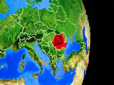 Romanya ülke sınırları ve çok detaylı gezegenin yüzeyi ile Dünya gezegeninin gerçekçi model üzerinde. 3D çizim. Nasa tarafından döşenmiş bu görüntü unsurları.