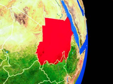 Sudan gerçekçi bir model ülke sınırları ve çok detaylı gezegenin yüzeyi ile dünya gezegeni üzerinde. 3D çizim. Nasa tarafından döşenmiş bu görüntü unsurları.