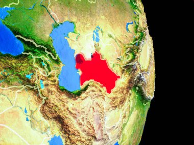 Türkmenistan ülke sınırları ve çok detaylı gezegenin yüzeyi ile Dünya gezegeninin gerçekçi model üzerinde. 3D çizim. Nasa tarafından döşenmiş bu görüntü unsurları.