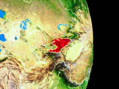 Kırgızistan gerçekçi bir model ülke sınırları ve çok detaylı gezegenin yüzeyi ile dünya gezegeni üzerinde. 3D çizim. Nasa tarafından döşenmiş bu görüntü unsurları.