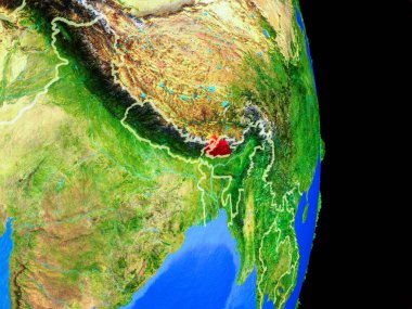 Bhutan gerçekçi bir model ülke sınırları ve çok detaylı gezegenin yüzeyi ile dünya gezegeni üzerinde. 3D çizim. Nasa tarafından döşenmiş bu görüntü unsurları.