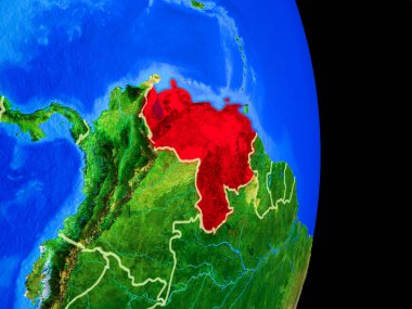 Venezuela gerçekçi bir model ülke sınırları ve çok detaylı gezegenin yüzeyi ile dünya gezegeni üzerinde. 3D çizim. Nasa tarafından döşenmiş bu görüntü unsurları.