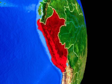 Peru gerçekçi bir model ülke sınırları ve çok detaylı gezegenin yüzeyi ile dünya gezegeni üzerinde. 3D çizim. Nasa tarafından döşenmiş bu görüntü unsurları.
