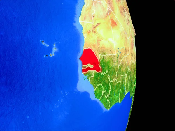 塞内加尔在现实的模型行星地球与国家边界和非常详细的行星表面 美国宇航局提供的这张图片的元素 — 图库照片