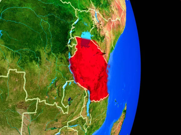 Tanzania Sobre Modelo Realista Del Planeta Tierra Con Fronteras Nacionales — Foto de Stock