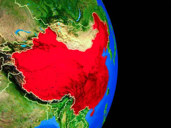 China on realistic model of planet Earth with country borders and very detailed planet surface. 3D illustration. Elements of this image furnished by NASA.