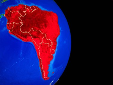 Güney Amerika ülke sınırları ve çok detaylı gezegenin yüzeyi ile Dünya gezegeninin gerçekçi model üzerinde. 3D çizim. Nasa tarafından döşenmiş bu görüntü unsurları.